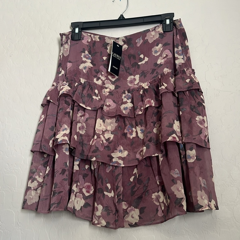 LAUREN RALPH LAUREN Purple Zippered Ruffled Tiered Skirt Lined Floral - Picture 4 of 9